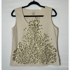 Zenergy by Chico's Ivory Tank Gold Sequin Floral Design Size 2(L) Athletic Top